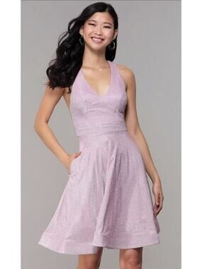 Soieblu Glitter Blush Pink Silver Shimmer Halter Strappy Party Mini Dress Size S